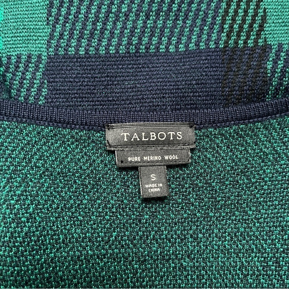 Talbots Cardigan‎ Sweater Women's Small 100% Merino Wool Plaid Navy Blue Green - Picture 3 of 8